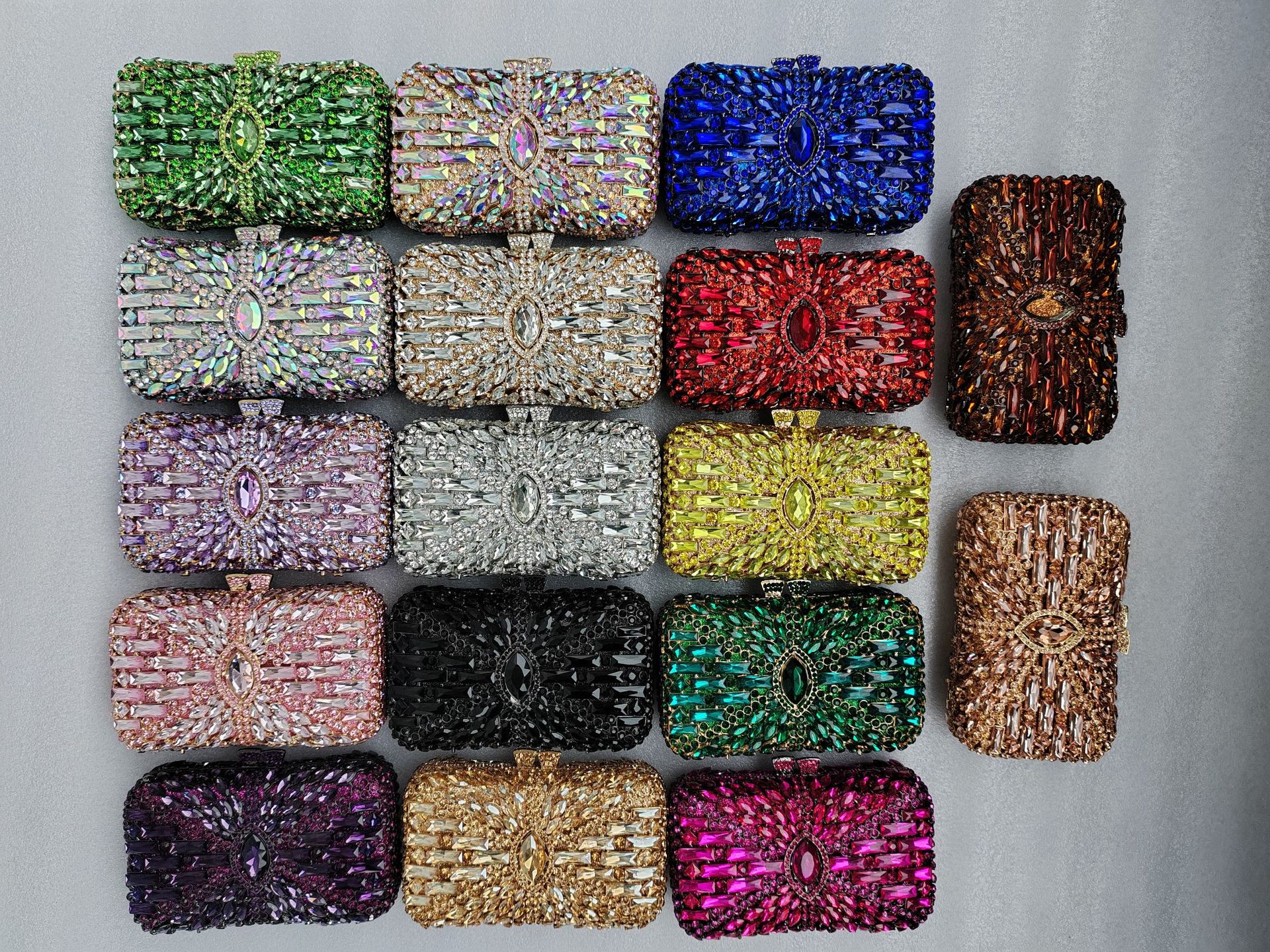 Túi clutch nữ đính đá rhinestone hộp cứng kim loại cầm tay dạ hội — Màu hồng, Hoa violet, Đế vàng kim cương, Màu sâm panh chi tiết 15
