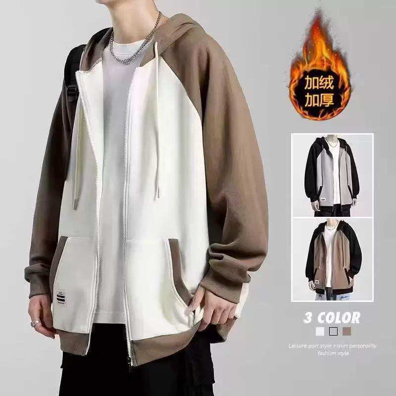 2024 куртка мужской ретро весна осень с капюшоном моды свитер свободный повседневный двухцветный сшитый плюс флисовая куртка