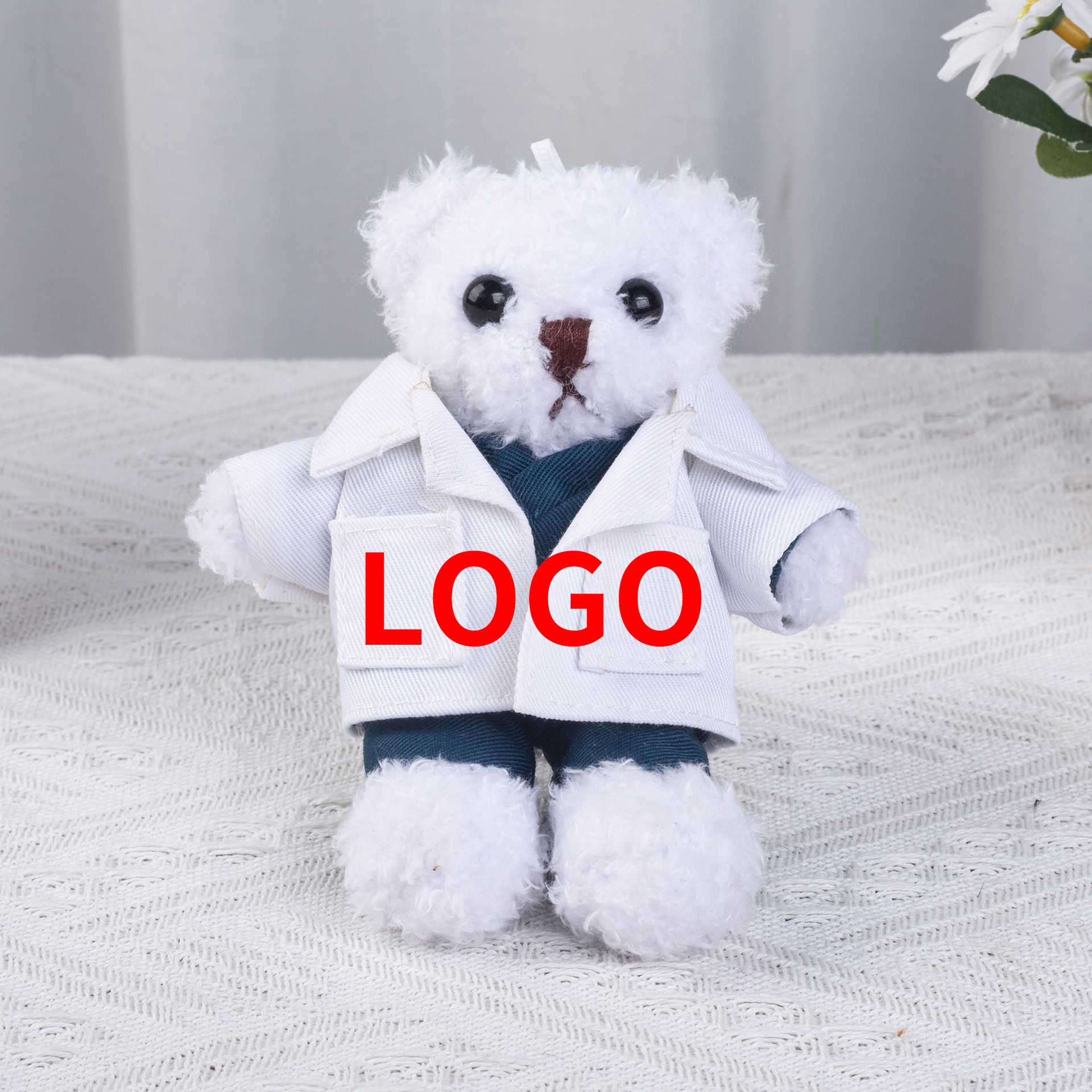 Graduado médico oso muñeca chaqueta blanca uniformes de enfermería muñeca oso regalos de actividad logotipo imprimible juguetes de peluche