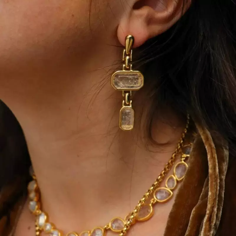 法国小众设计方形水晶吊坠耳环Go*s*ens欧美时尚精致简约百搭耳饰