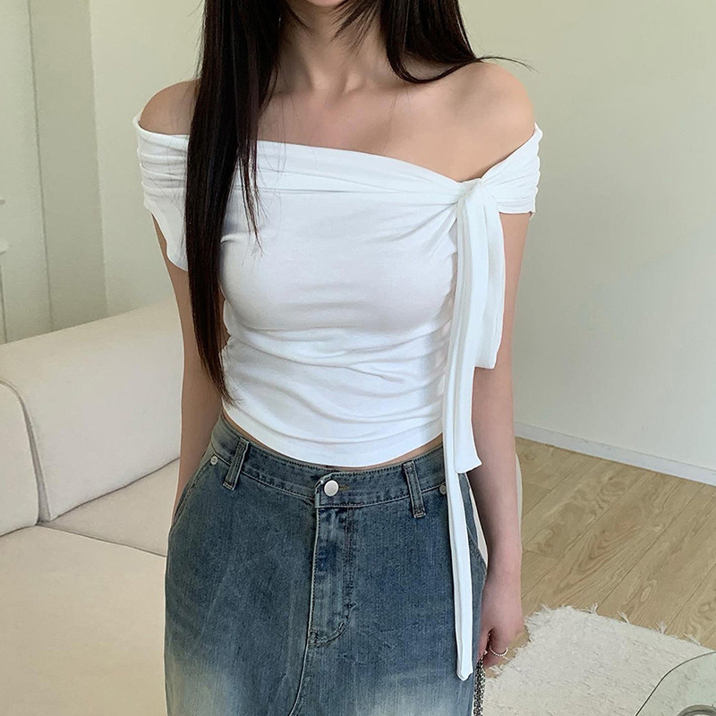2026 Korean Version Of Chic Design Sense Asymmetrical Knotted Straps Off-the-shoulder T-shirt Pleated Waist Versatile Knitted Top_ecoleips.com