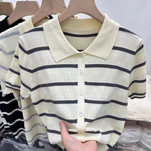 POLO Striped Short-Sleeve T-shirt for Women - Summer New Ice Silk Knit Cardigan, Commuter Short-Sleeve Top