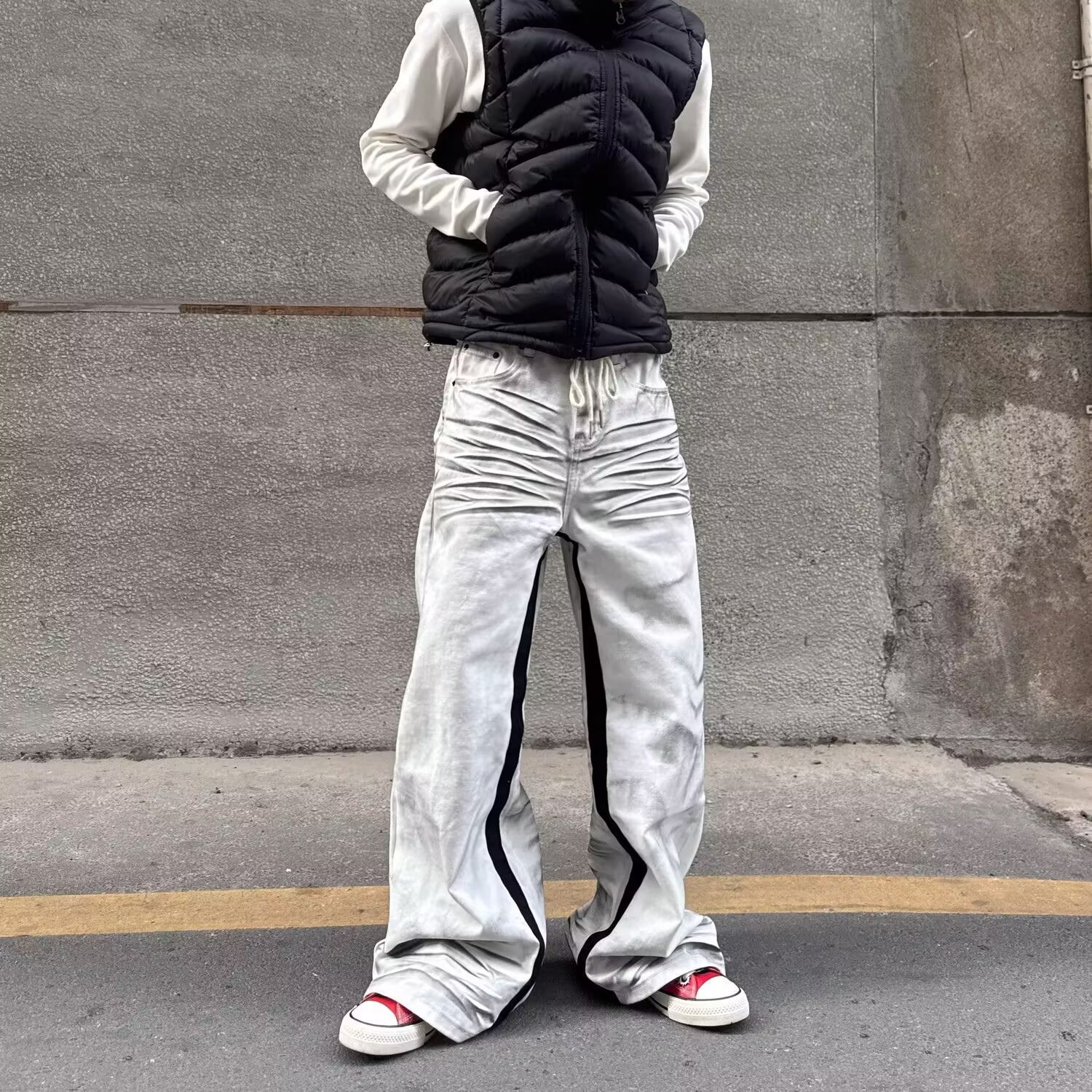 Men's Trendy Handsome Wide Leg Pants White Jeans Loose Straight Drape Dyed Distressed Washed Pleated Brand_voghion.com