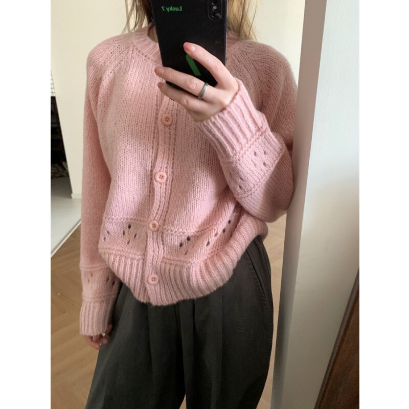 Korean Chic 2026 Spring French Gentle Style Round Neck Hollow Jacquard Soft Knit Cardigan Sweater Jacket for Women