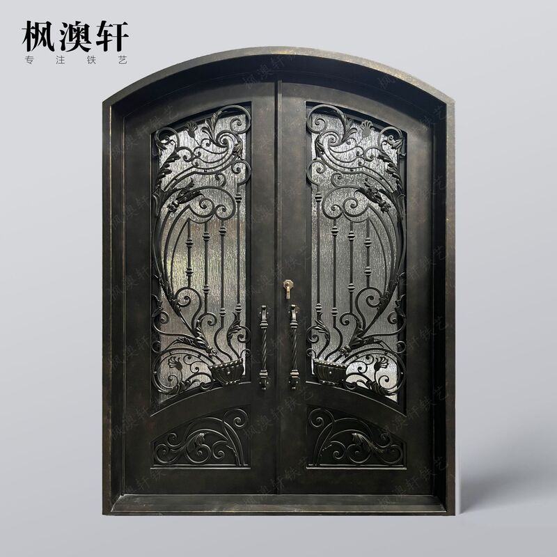 European-Style Vintage Wrought Iron Entrance Door with Glass, Villa Arch-Shaped Double Door, Anti-Theft Door for Residential Use