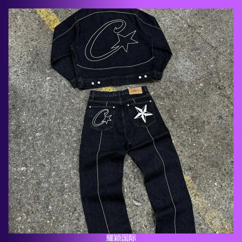 Cross-Border Corteiz Denim Suit High Street Western Denim Jacket Outerwear Alcatraz Loose Jeans Trendy Brand