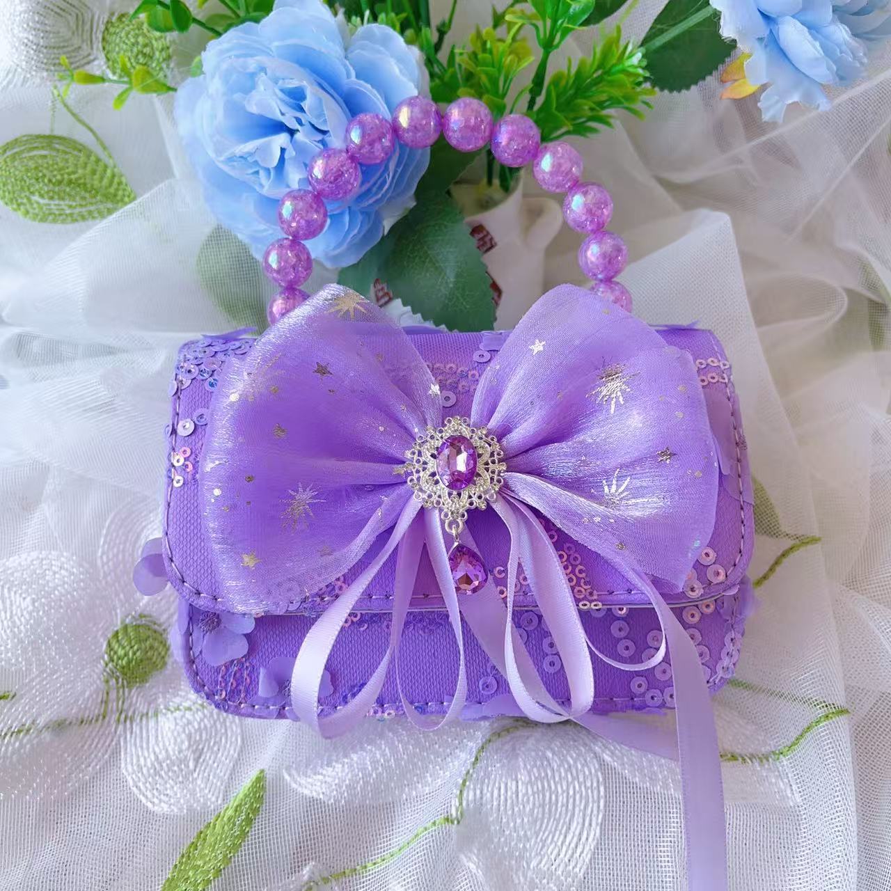 Bolso de lazo para niños Bolso de mensajero de flor de rosa de verano Bolso de princesa portátil de perlas para niñas Monedero de fragancia pequeña
