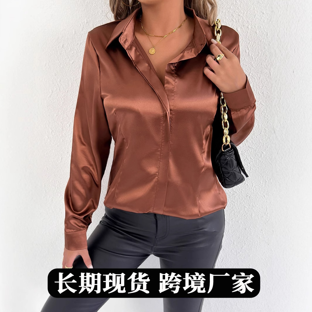 实拍欧美女装缎面 夏季新款外贸缎面衬衫女 色丁仿真丝衬衣批发