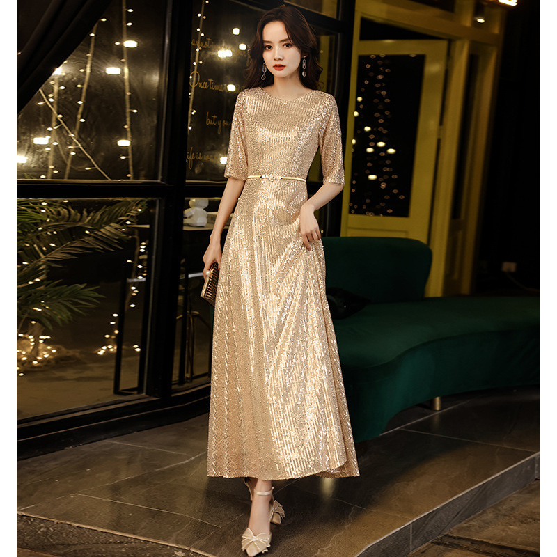Fashion Banquet Host Evening Dress Simple High-End Gold Half-Sleeved Long Dress Prom Party Dress