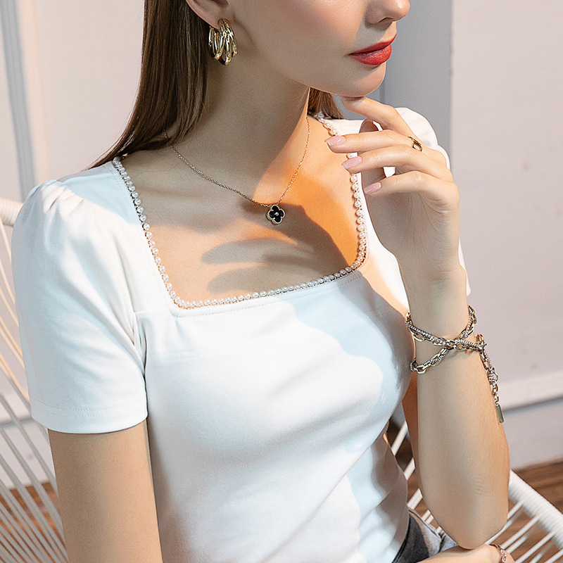 French Retro Square Collar Puff Sleeve T-shirt Women's Short-sleeved Slim-fit Beaded Cotton Summer New Half-sleeved Top