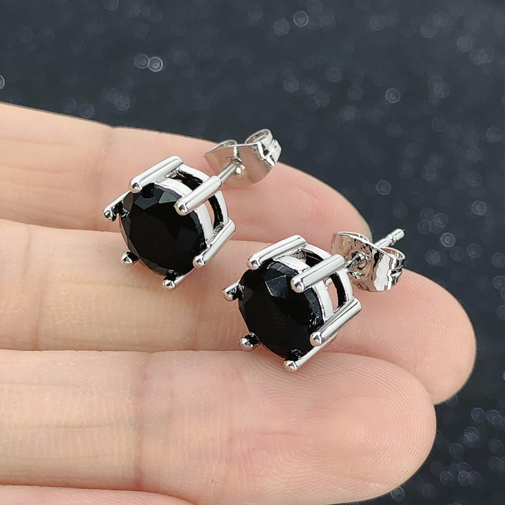 Classic Round Zircon Stud Earrings For Men Black Stone Jewelry_voghion.com