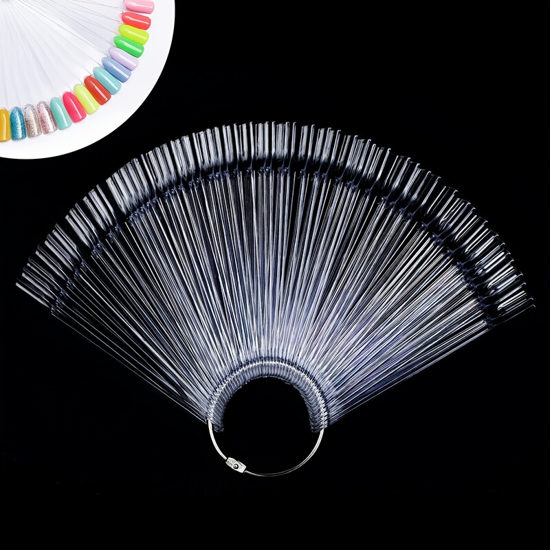 50 Pieces of Nail Polish with Ring Fan-Shaped Nail Polish Display Fake Nail Sample Stick Transparent Manicure Practice Tool Set