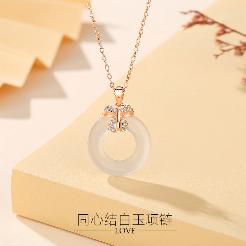 S925 plata blanco Jade hebilla de seguridad collar de moda nacional de las mujeres nuevo collar de arco chino con diamante estilo nacional joyería al por mayor