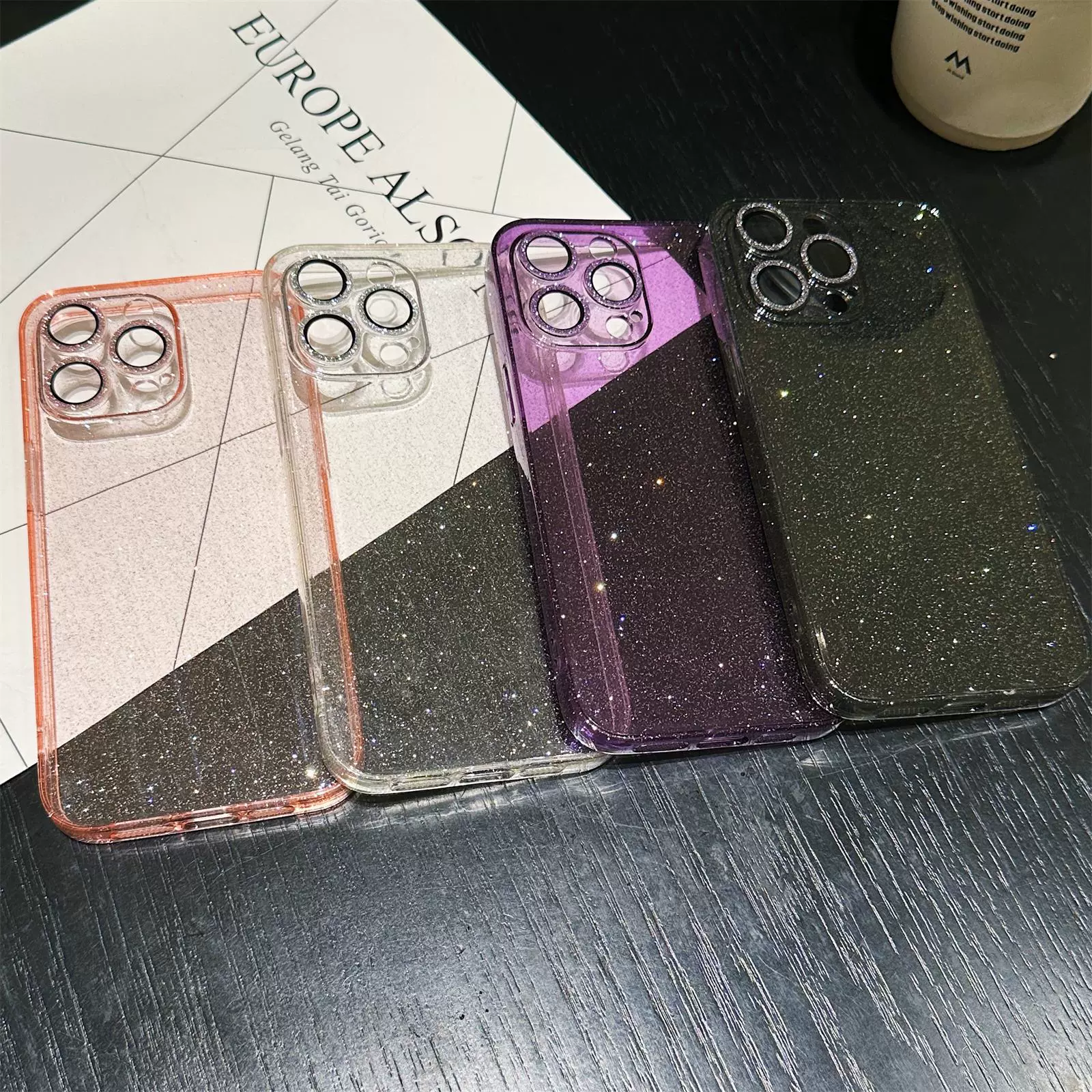 Рамка объектива с тонкими отверстиями для телефона Apple 14Promax с блестками прозрачная 15/14Pro