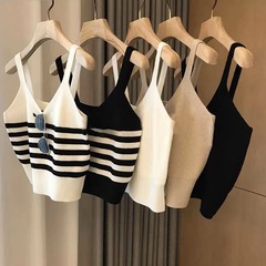 Contrast color striped knitted suspender women's summer new outer base vest design short style inner slim fit top