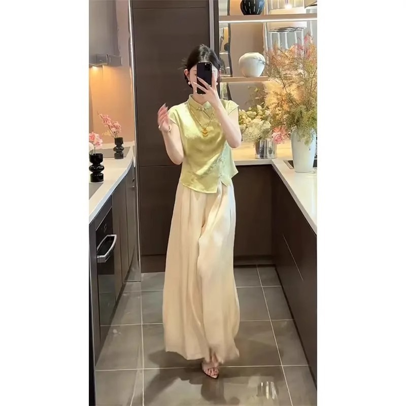 新しい中国風スーツ、女性用レトロ中国風半袖トップス、夏痩身、ハイウエスト、ユニークで美しいパンツ、ツーピーストレンドセット|undefined