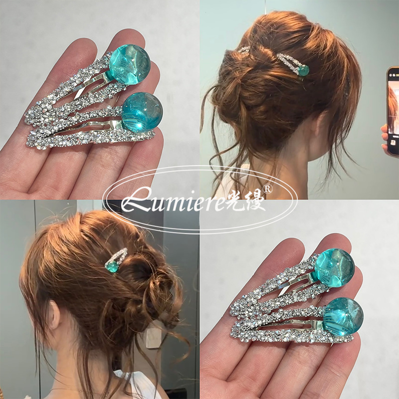 Korean-Style Princess Gemstone Blue Bead Silver Hairpin Elegant Fashion Fringe Clip Side Clip New Model for Women