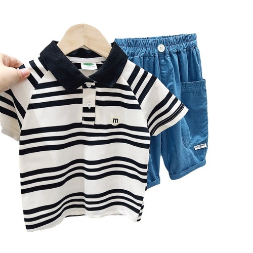 2024 summer new children's short-sleeved POLO shirt boys striped letter lapel T-shirt medium and large children's baby tops