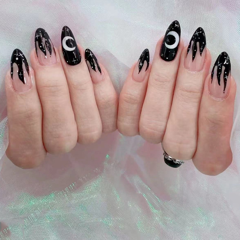 Almond Manicure Piece Black Flame Stars Moon Light Oil Wear Armor Foreign Trade Fake Nail Tip Armor Removable Almond Manicure Piece Black Flame Stars Moon Light Oil Wear Armor Foreign Trade Fake Nail Tip Armor Removable