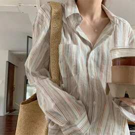 慵懒风复古细条纹衬衫女春夏季上衣立领宽松慵懒透气防晒衣
