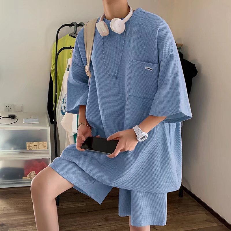Zijun Trendy Brand Waffle Knit Short-Sleeve T-Shirt, Loose Half-Sleeve Straight-Leg Wide-Leg Casual Five-Point Shorts, Sporty Trendy Style