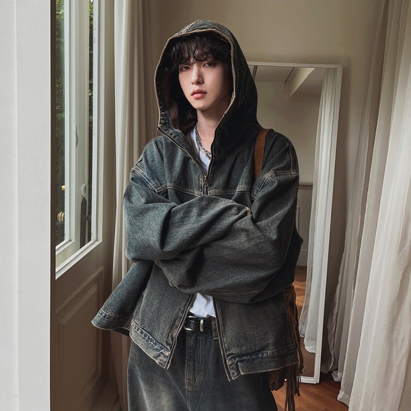 MYQ otoño retro viejo traje de mezclilla chaqueta con capucha suelta para hombre jeans rectos de moda coreana