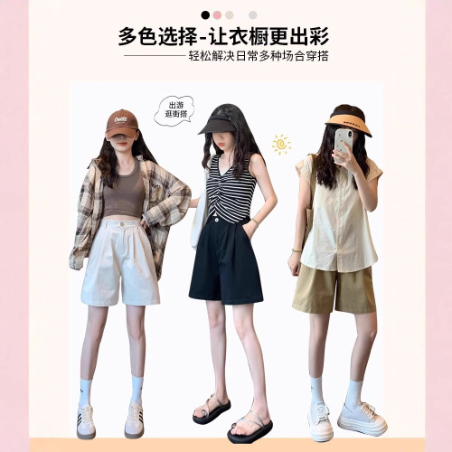 Women's 2025 Summer Thin American Pure Cotton Suit Wide-Leg Shorts Loose Slimming A-Line Five-Finger Pants Korean Style