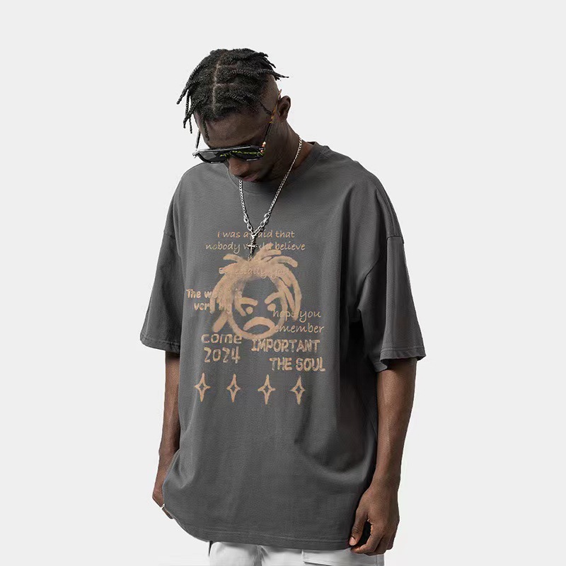 Spring and summer new loose oversize short-sleeved T-shirt men's American hip-hop style round neck trendy brand ins versatile bottoming shirt_viptrois.com