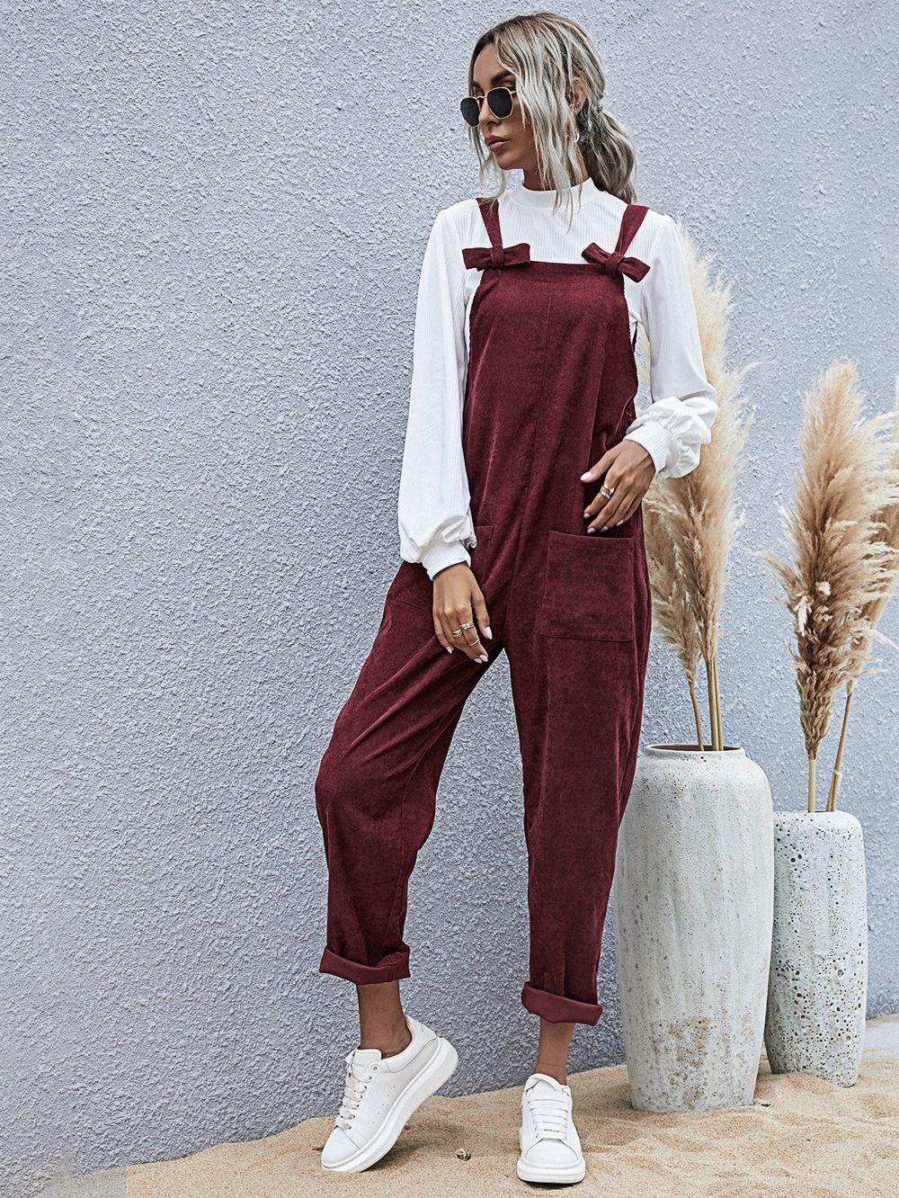 bow-knot pocket solid color jumpsuit NSDF28169