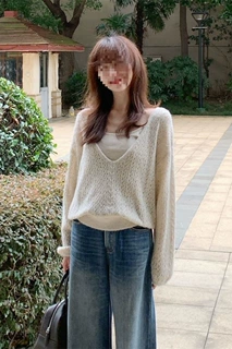 吊带两件套上衣的穿搭叠穿好看慵懒感韩系镂空针织衫女巨早秋氛围