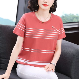 2024夏季新款妈妈装短袖女T恤简约圆领条纹设计宽松显瘦气质上衣