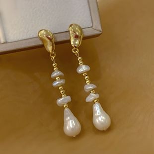 Natural Zhenduo Hemp keshi Petals Water Drops Baroque Pearl Earrings Temperament Atmospheric Long Earrings Retro Silver Needles