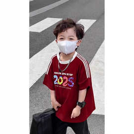 男女童三条杠印花半袖上衣新款宽松圆领短袖衫夏季中大童潮流上衣