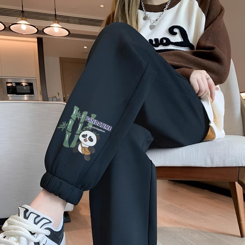 팬더 레깅스가 달린 얇은 검은색 바지