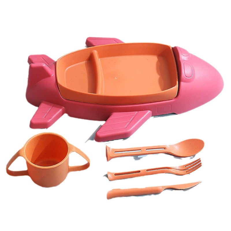 Plato de almuerzo de avión juego de seis piezas de dibujos animados de trigo jardín de infantes plato de comida para bebés vajilla de suplemento alimenticio para niños con taza, cuchillo, tenedor y cuchara image 6