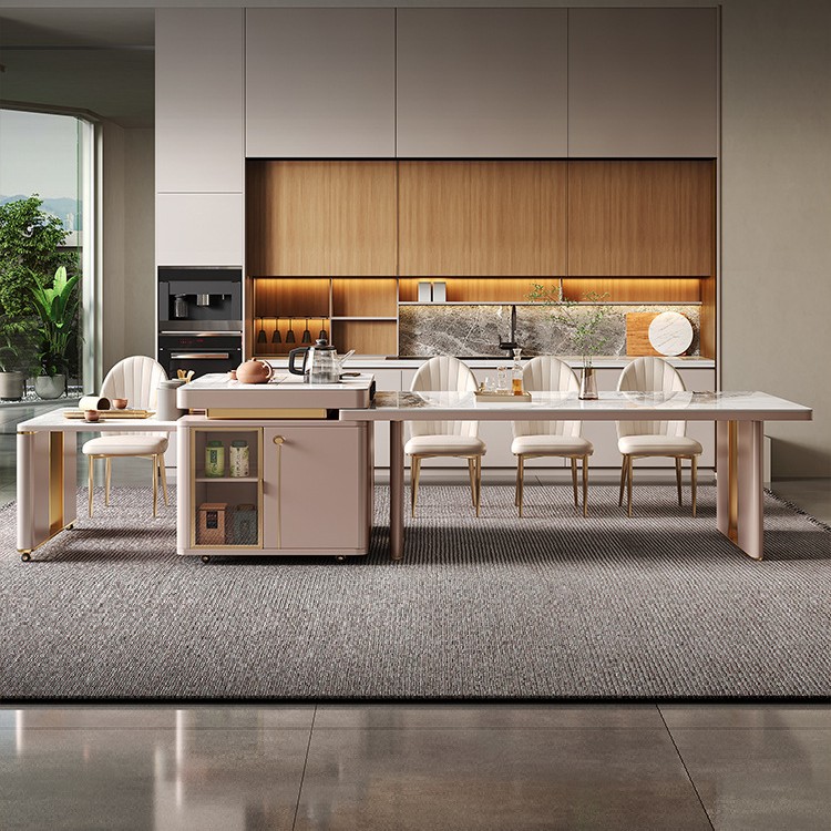 Mesa de comedor de mesa de mesa de isla integrada, losa de roca de lujo ligero, giratoria, retráctil, móvil, cocina de inducción doméstica moderna, combinación de mesa y silla de comedor