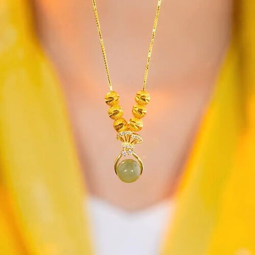 Redhead golden money bag pendant green jade Ruyi necklace pullable adjustable universal chain delicate collar chain 