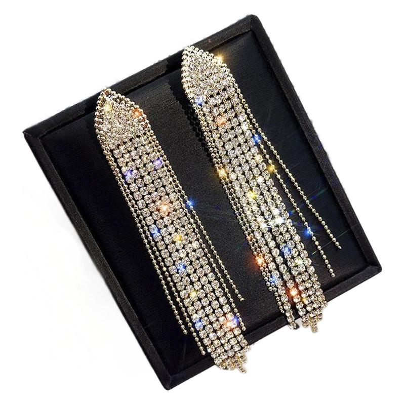 fashion long temperament tassel rhinestone earrings for women  silver needle personality exaggerated internet celebrity trend shape earrings_voghion.com
