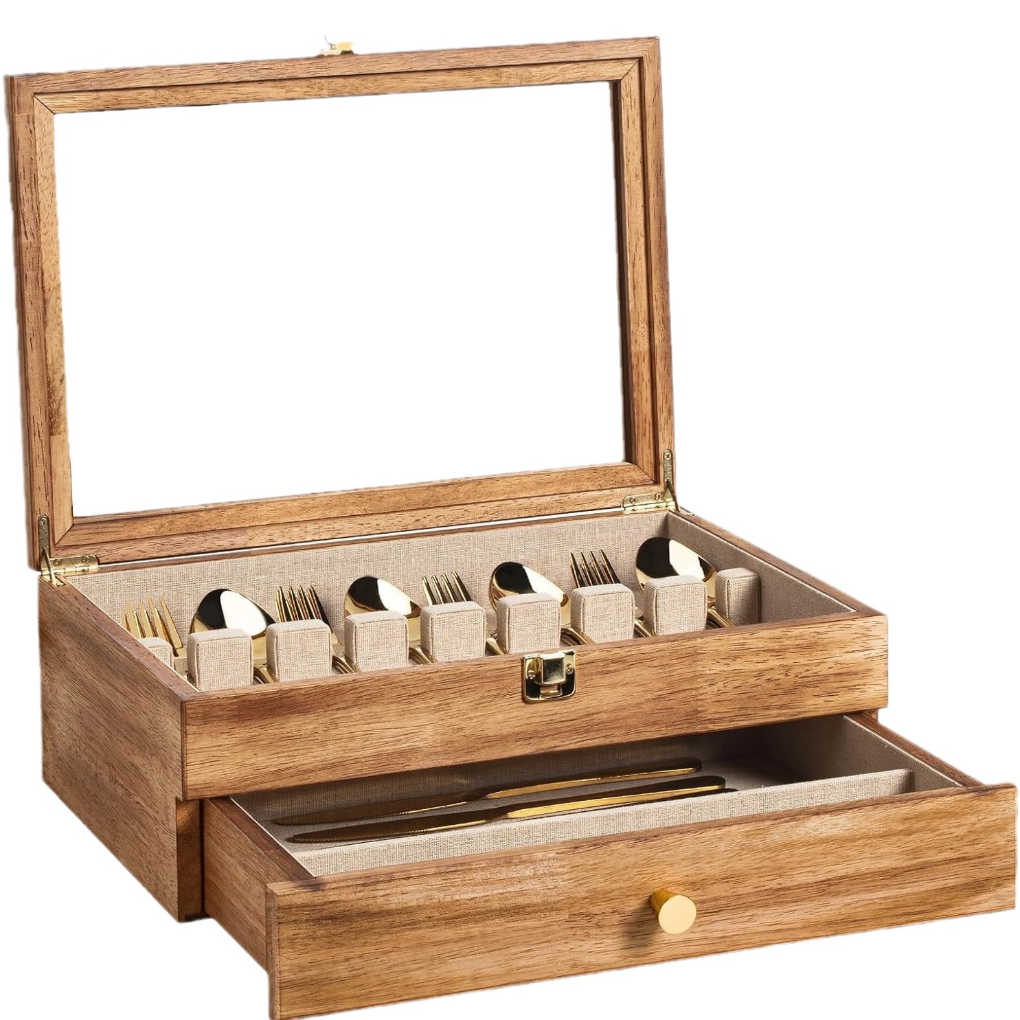 Platería de madera con cajón Embalaje Caja de madera Cocina Cuchillos, tenedores y cucharas de madera maciza de doble capa Caja de almacenamiento de vajilla Caja de joyería para el hogar