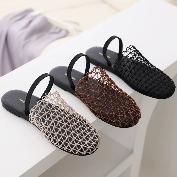 European and American Niche Fishnet Woven Hollow Roman Sandals Women's Summer New Fisherman Flat Round Head Baotou Half Slippers