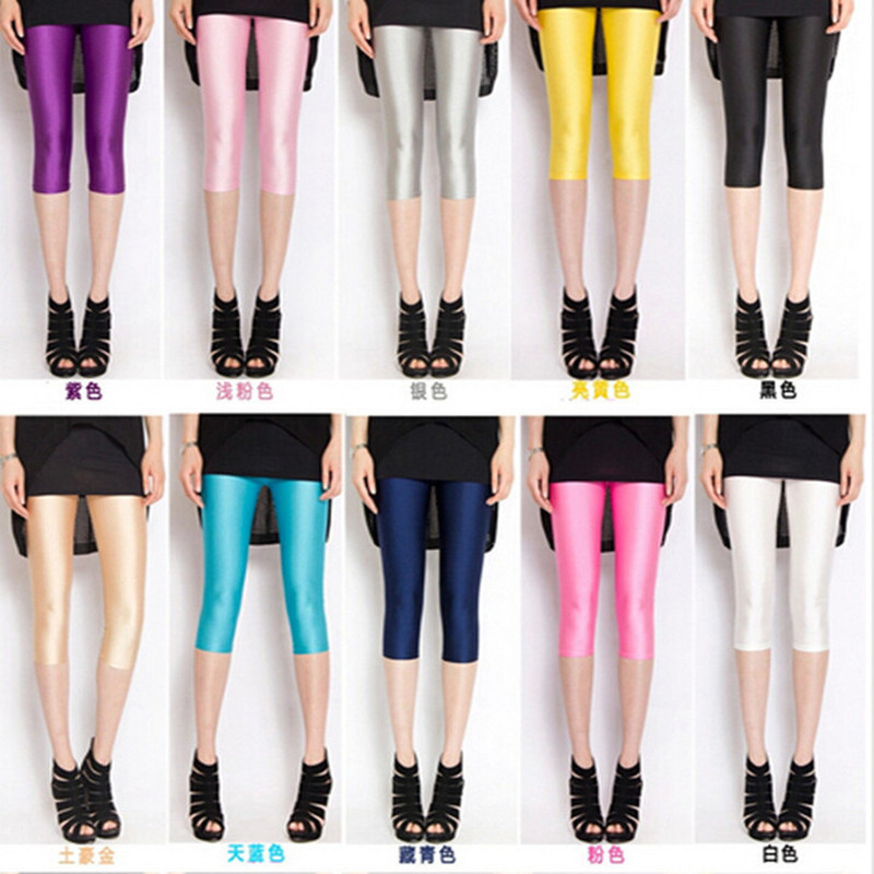 Summer Smooth Glossy Capri Pants Women's All-match Mid-waist Slimming Thin Stretch Fluorescent Color Leggings