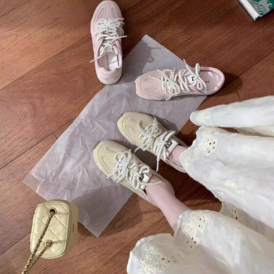 Lan Cabinet 2025 Spring and Summer Girls' Pearl Double Shoelaces Casual Ballet Wind Training Shoes Women's Sports Casual Shoes