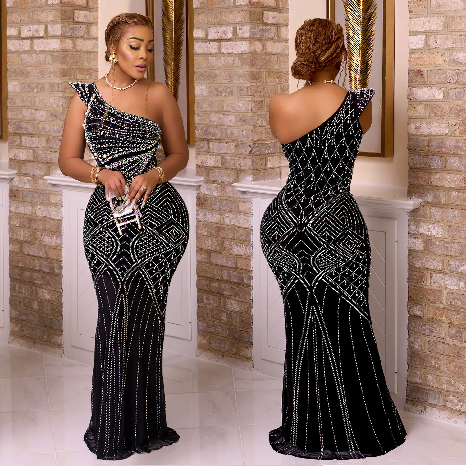 C6818 transfronteriza AliExpress Amazon moda europea y americana de las mujeres de color sólido rhinestone vestido de cuello oblicuo vestido image 3