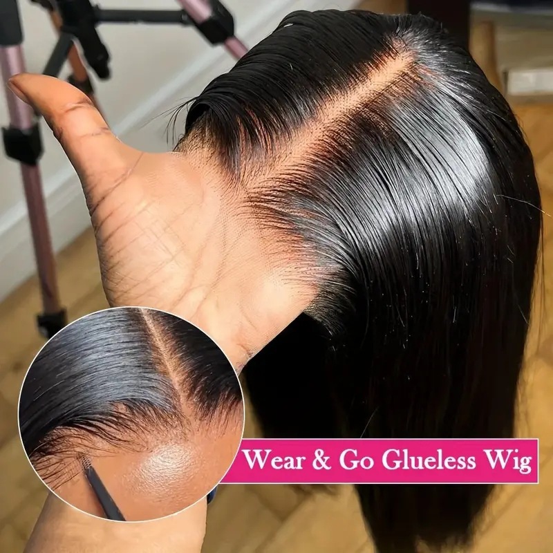 Peruca de cabelo sintético comprida lisa preta com risca ao meio_voghion.com