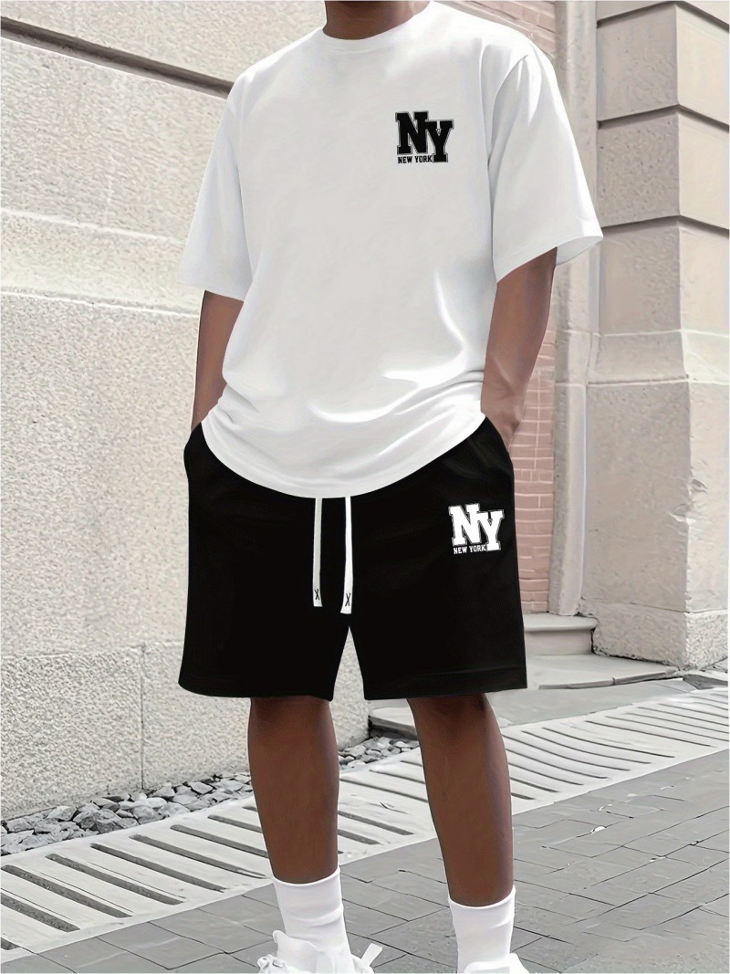 Men's Casual Summer T-Shirt & Shorts Set With NY Letter Print, Cotton Comfort Outfit_viptrois.com