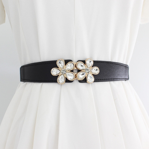 Decorative belt for women with elastic skirt, shirt, flower pattern, diamond buckle, versatile elastic black waistband, 2 options available
