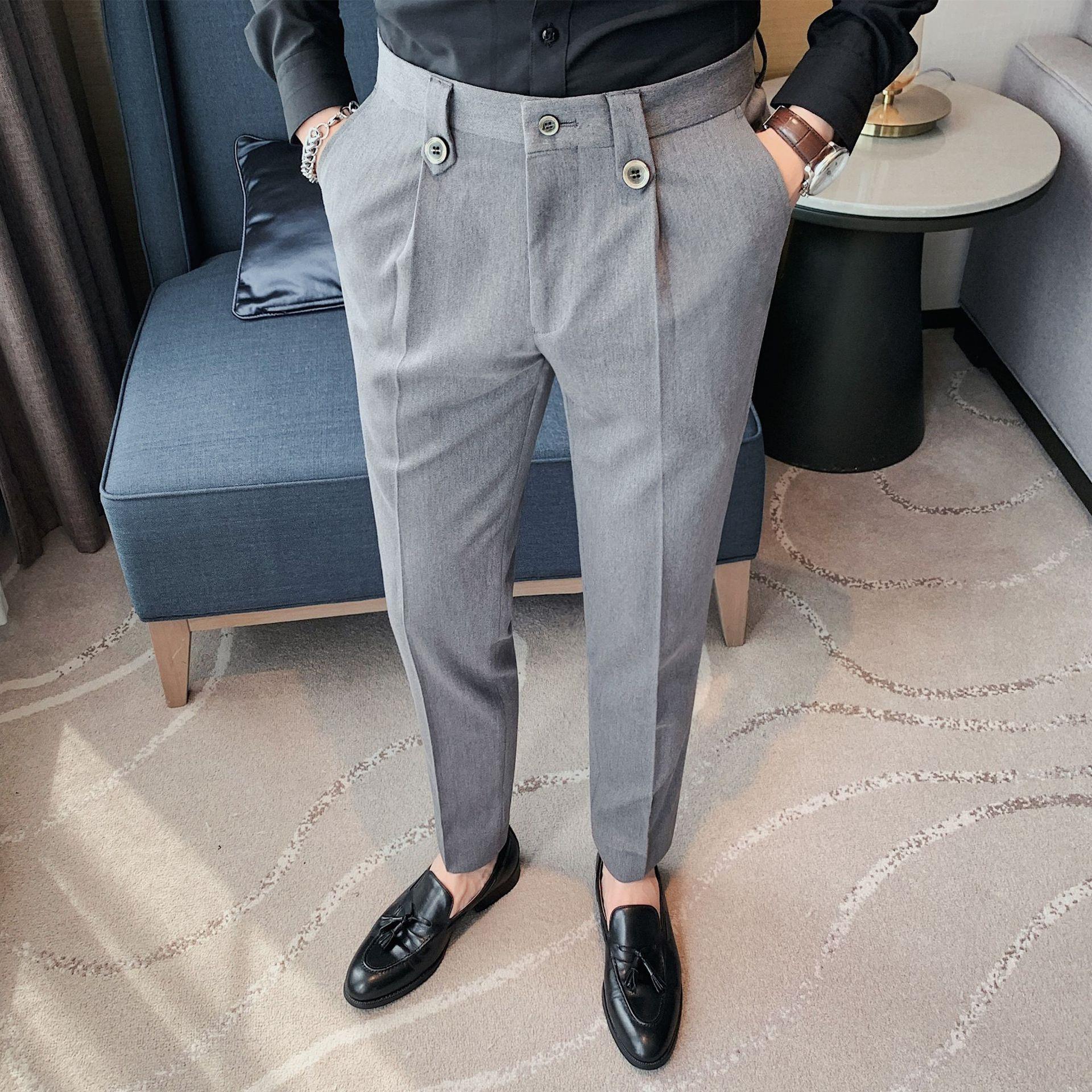 Otoño texturizado pantalones de traje de hombre flaco pantalones casuales pantalones de color sólido botón decorativo estilo coreano slim fit pantalones de moda hombres