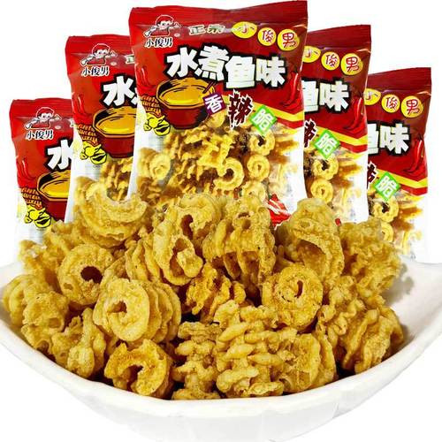 8090后怀旧零食小俊男水煮鱼味香辣脆狗牙儿披萨卷麻辣鱼卷味18g