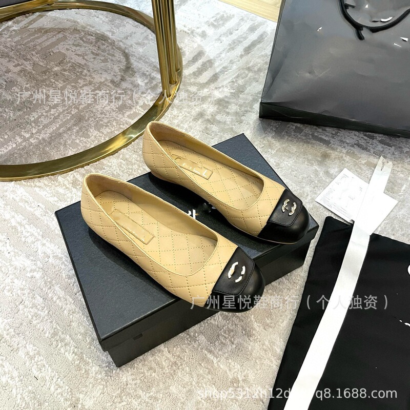 C レターフレンチスクールバッグバックルフラットバレエシューズ女性のための 2025 初春の新菱形パターンカラーブロック浅い口の靴|undefined
