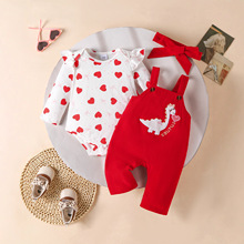 亚马逊婴儿可爱恐龙爱心图案长袖三角哈衣灯芯绒蝴蝶结背带裤套装